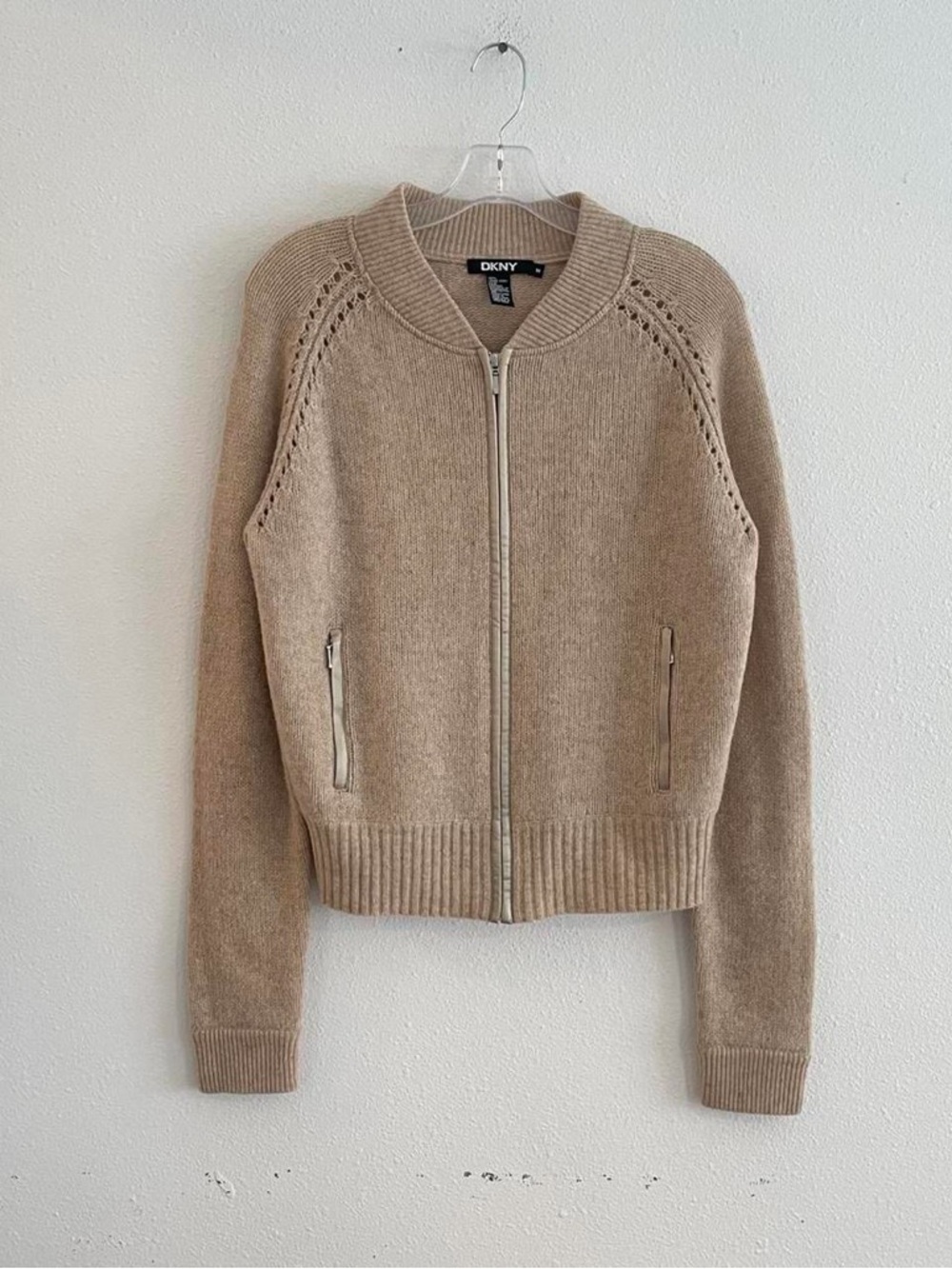 DKNY Taupe Knit Zip Bomber Sweater